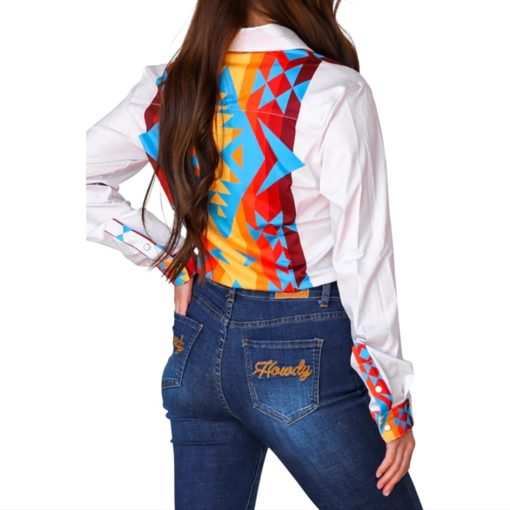 RANCH DRESS'N Fallon Taylor "Atoka" white/blue Performance rodeo shirt sz L NWT - Picture 4 of 11